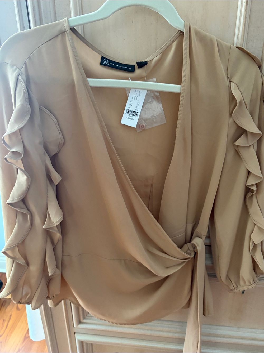 New York & Company Tan Ruffle Wrap Blouse with Tie Waist